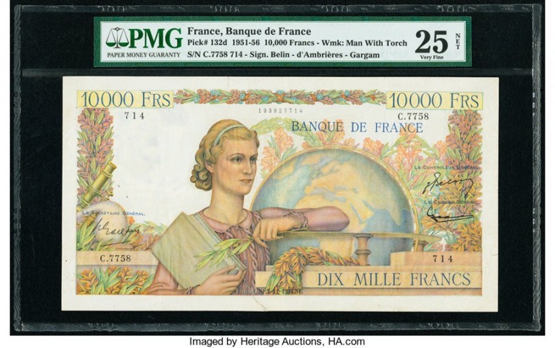 France Banque de France 10,000 Francs 4.11.1954 Pick 132d PMG Very Fine 25 Net. ...