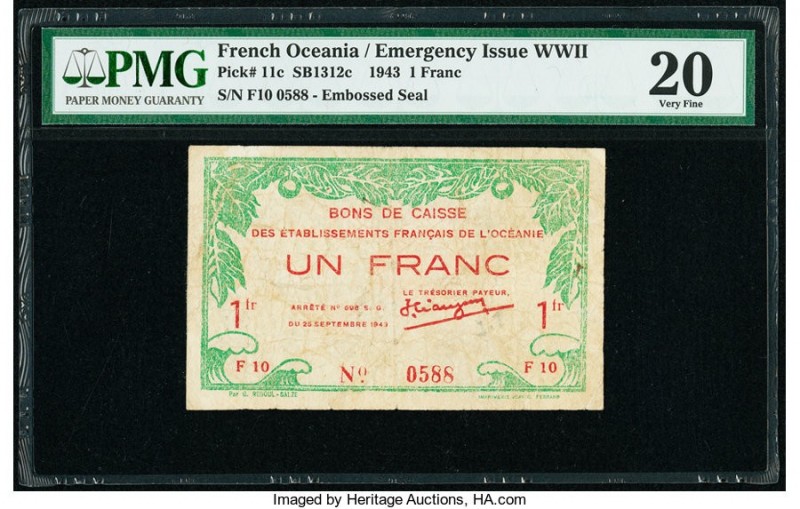 French Oceania Bons de Caisse 1 Franc 1943 Pick 11c PMG Very Fine 20. 

HID09801...