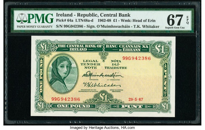 Ireland Central Bank of Ireland 1 Pound 29.5.1967 Pick 64a PMG Superb Gem Unc 67...