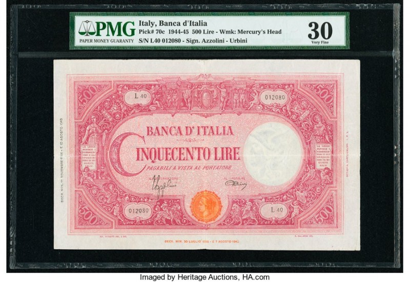 Italy Banca d'Italia 500 Lire 10.8.1943 Pick 70c PMG Very Fine 30. Minor repairs...
