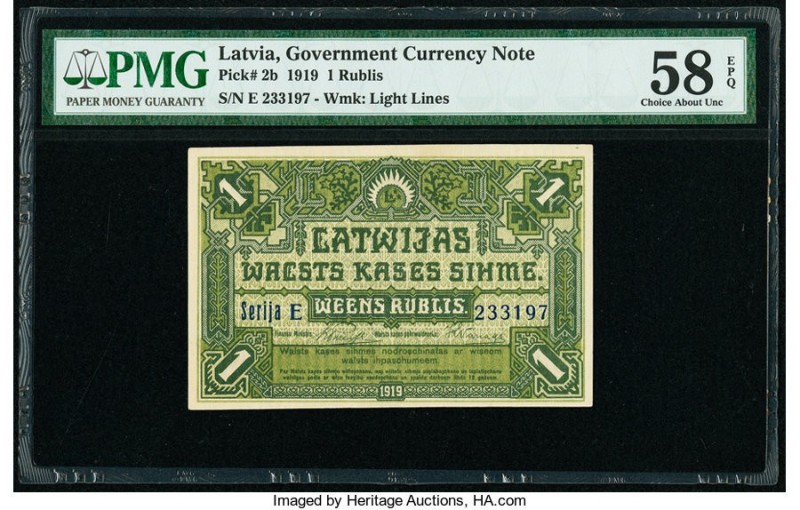 Latvia Government Currency Note 1 Rublis 1919 Pick 2b PMG Choice About Unc 58 EP...