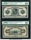 Mexico Banco del Estado de Chihuahua 5; 20 Pesos 1913 Pick S132a M95a ; S134a M97a Two Examples PMG Gem Uncirculated 65 EPQ (2). 

HID09801242017