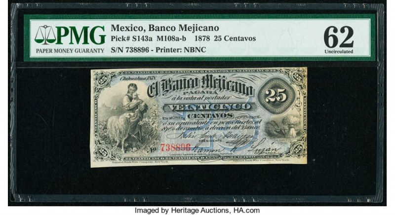 Mexico Banco Mejicano 25 Centavos 1878 Pick S143a M108a-b PMG Uncirculated 62. 
...