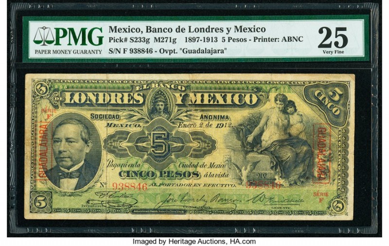 Mexico Banco de Londres y Mexico 5 Pesos 2.1.1912 Pick S233g M271g PMG Very Fine...