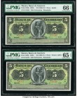 Mexico Banco de Guerrero 5 Pesos ND (1906-14) Pick S298c M361r Two Remainder Notes PMG Gem Uncirculated 66 EPQ; Gem Uncirculated 65 EPQ. Perforations ...