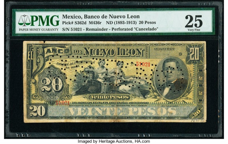 Mexico Banco de Nuevo Leon 20 Pesos ND (1893-1913) Pick S362d M436r Remainder PM...