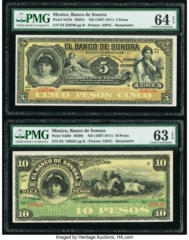 Mexico Banco de Sonora 5; 10 Pesos ND (1897-1911) Pick S419r M507r; S420r M508r ...