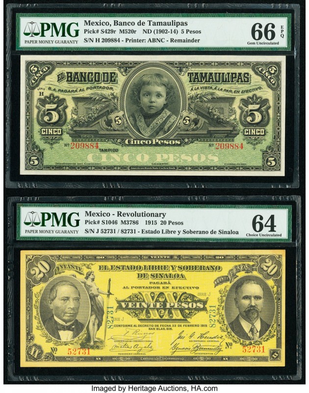 Mexico Banco de Tamaulipas 5 Pesos ND (1902-14) Pick S429r M520r Remainder PMG G...