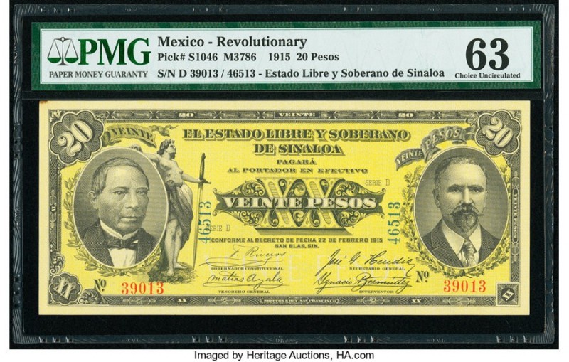 Mexico El Estado Libre y Soberano de Sinaloa 20 Pesos 22.2.1915 Pick S1046 M3786...