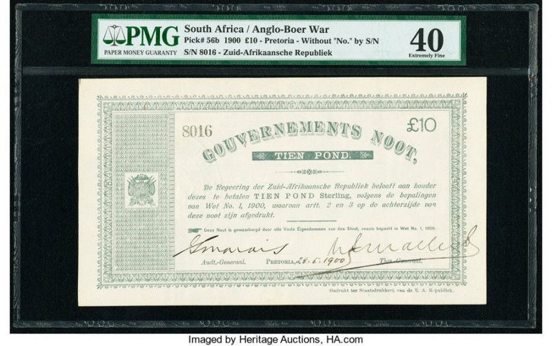 South Africa Government Noot 10 Pounds 28.5.1900 Pick 56b PMG Extremely Fine 40....