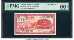 Sudan Bank of Sudan 25 Piastres 1964-68 Pick 6s Specimen PMG Gem Uncirculated 66 EPQ. Four roulette Specimen punches and Two CANCELLED overprints are ...