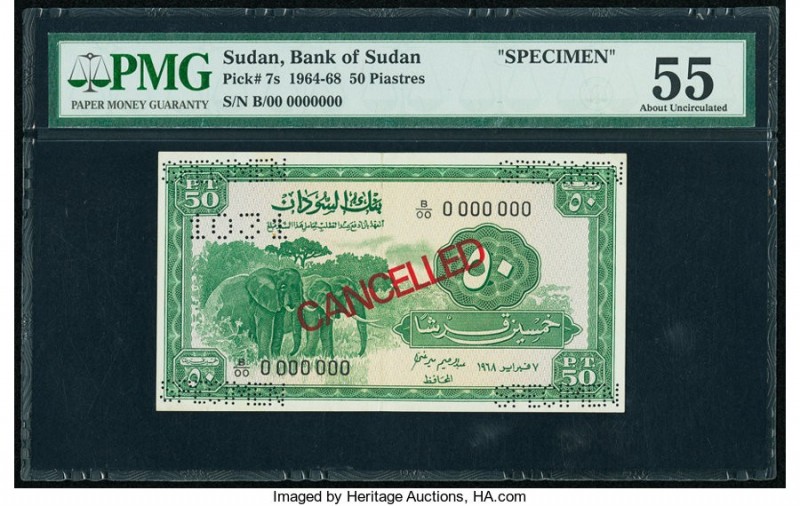 Sudan Bank of Sudan 50 Piastres 1964-68 Pick 7s Specimen PMG About Uncirculated ...