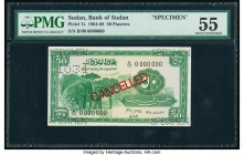 Sudan Bank of Sudan 50 Piastres 1964-68 Pick 7s Specimen PMG About Uncirculated 55. Four roulette Specimen punches and two CANCELLED overprints are se...