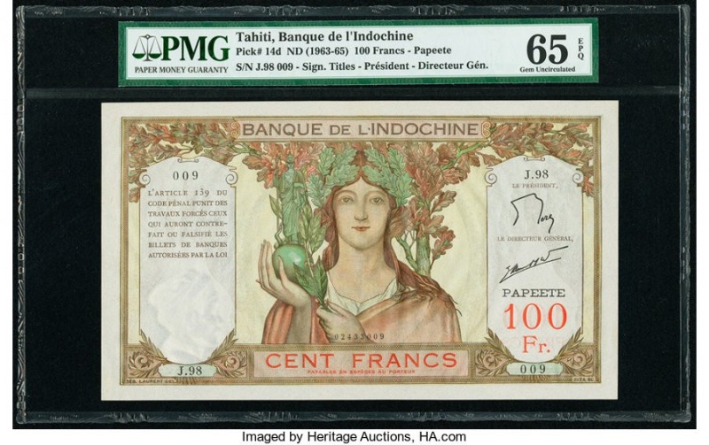 Serial Number 9 Tahiti Banque de l'Indochine 100 Francs ND (1963-65) Pick 14d PM...