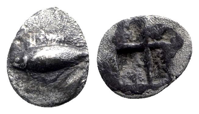 Mysia. Kyzikos circa 550-480 BC. 
Tetartemorion AR

6mm., 0,27g.

Tunny fis...