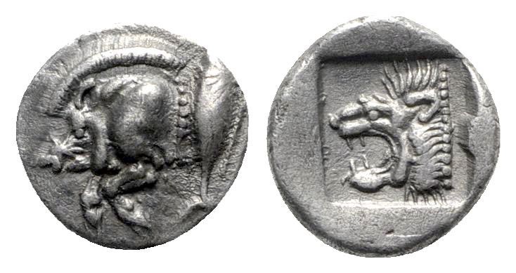 Mysia. Kyzikos circa 480-450 BC. 
Diobol AR

10mm., 1,29g.

Forepart of boa...
