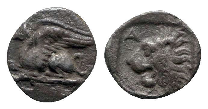 Troas. Assos circa 500 BC. 
Obol AR

7mm., 0,39g.

Griffin left / Lion’s he...