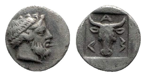 Troas. Lamponeia 400-300 BC. 
Obol AR

8mm., 0,64g.

Bearded head of Dionys...