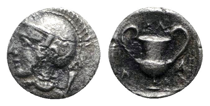 Lesbos. Methymna circa 450-379 BC. 
Hemiobol AR

6mm., 0,46g.

Helmeted hea...