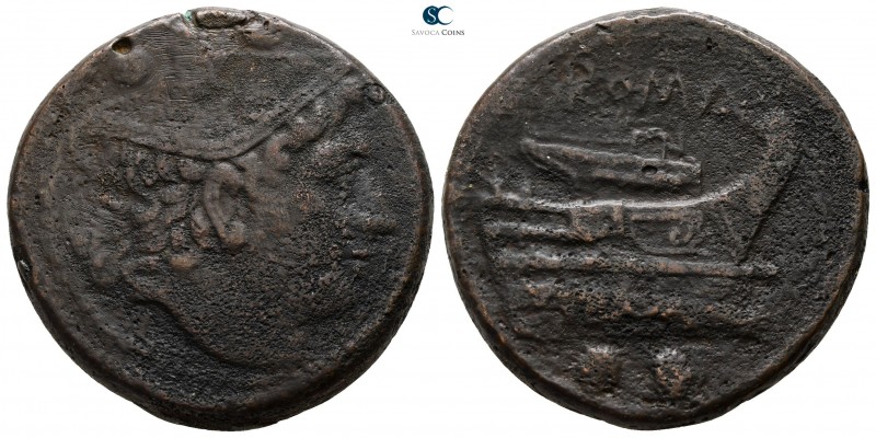 Anonymous 217-215 BC. Rome
Sextans Æ

29mm., 22,48g.

Head of Mercury right...