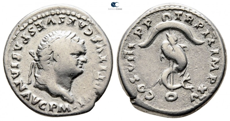 Vespasian AD 69-79. Rome
Denarius AR

18mm., 3,28g.

IMP TITVS CAES VESPASI...