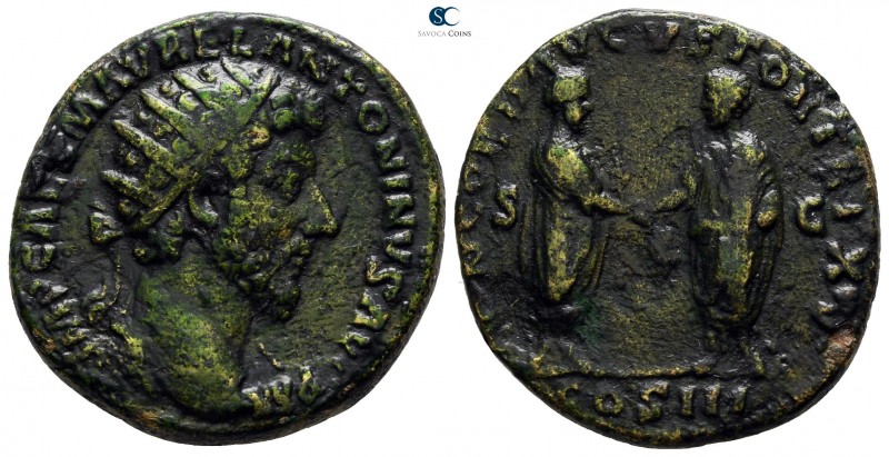 Marcus Aurelius AD 161-180. Rome
Dupondius Æ

25mm., 10,72g.

IMP CAES M AV...