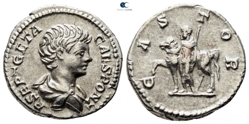 Geta AD 198-211. Rome
Denarius AR

17mm., 3,28g.

P SEPT GETA CAES PONT, ba...