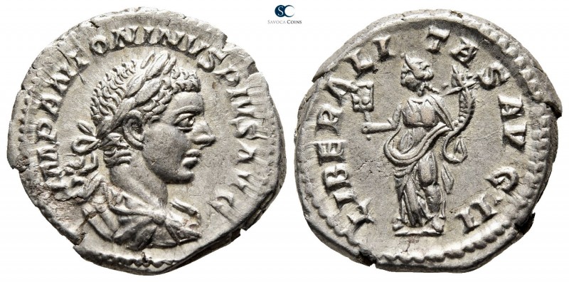 Elagabalus AD 218-222. Rome
Denarius AR

19mm., 3,41g.

IMP ANTONINVS PIVS ...