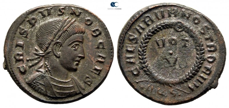 Crispus AD 317-326. Aquileia
Follis Æ

18mm., 3,20g.

CRISPVS NOB CAES, lau...