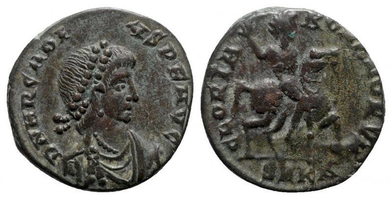 Arcadius AD 383-408. Cyzicus
Follis Æ

16mm., 2,17g.

Pearl-diademed, drape...