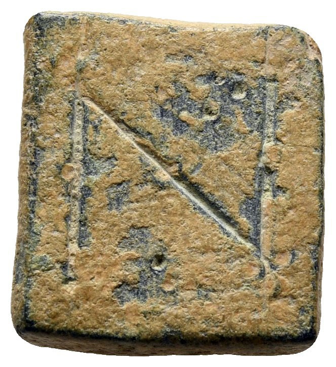 circa AD 400-600. 
Weight of 1 Nomisma Æ

14mm., 4,38g.

Square coin weight...