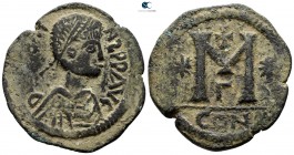 Justinian I AD 527-565. Contemporary barbaric imitation . Constantinople. Follis or 40 Nummia Æ