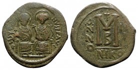 Justin II and Sophia AD 565-578. Dated RY 3=AD 567/8. Nikomedia. 2nd officina. Follis Æ