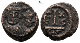 Heraclius with Heraclius Constantine AD 610-641. Dated RY 16=AD 625/6. Catania. Decanummium Æ