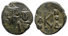 Constans II, with Constantine IV AD 641-668. Dated IY 4=AD 660/1. Syracuse. Half follis Æ