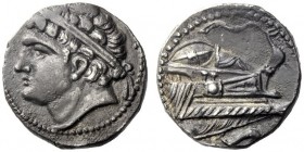 Greek Coins   Iberia, Carthago Nova   Hispano-Carthaginian issues . Shekel 237-209, AR 7.46 g. Diademed male head (Hasdrubal ?) l. Rev. Prow of galley...