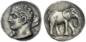 Greek Coins   Iberia, Carthago Nova   Hispano-Carthaginian issues . Trishekel circa 221-206, AR 22.11 g. Laureate head (Melqart or Hannibal) l., with ...