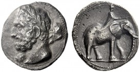 Greek Coins   Iberia, Carthago Nova   Hispano-Carthaginian issues . Dishekel circa 221-206, AR 13.92 g. Diademed and bearded head of Melkart-Heracles ...