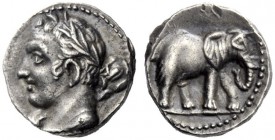 Greek Coins   Iberia, Carthago Nova   Hispano-Carthaginian issues . Quarter shekel circa 221-206, AR 1.80 g. Laureate head (Melqart or Hannibal) l., w...