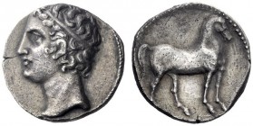 Greek Coins   Iberia, Carthago Nova   Hispano-Carthaginian issues . Shekel circa 221-206, AR 7.23 g. Diademed head of Eshmun-Apollo (?) l. Rev. Horse ...