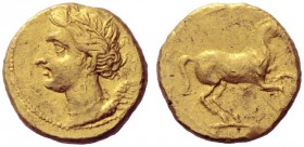 Greek Coins   Iberia, Carthago Nova   Hispano-Carthaginian issues . Stater circa 221-206, AV 7.53 g. Laureate bust of Nike l., wearing necklace. Rev. ...