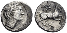 Greek Coins   Iberia, Carthago Nova   Hispano-Carthaginian issues . Shekel (?) or 1¼ shekel circa 221-206, AR 9.77 g. Head of Tanit-Persephone r., wea...
