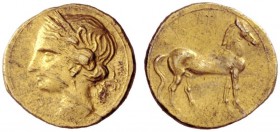 Greek Coins   Iberia, Carthago Nova   Hispano-Carthaginian issues . ¼ shekel circa 221-206, EL 2.93 g. Head of Tanit-Persephone wearing wreath of corn...