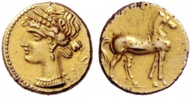 Greek Coins   Iberia, Carthago Nova   Hispano-Carthaginian issues . Quarter shekel circa 221-206, EL 2.82 g. Head of Tanit-Persephone wearing wreath o...