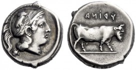 Greek Coins   Campania, Hyria  Didrachm circa 405-400, AR 7.46 g. Head of Athena r., wearing wreathed Attic helmet decorated with owl. Rev. YDINA retr...