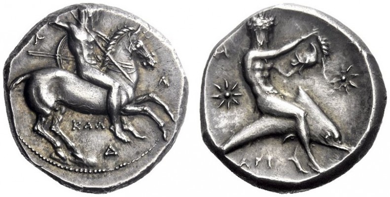 Greek Coins   Calabria, Tarentum  Nomos circa 333-330, AR 7.92 g. Naked ephebus ...