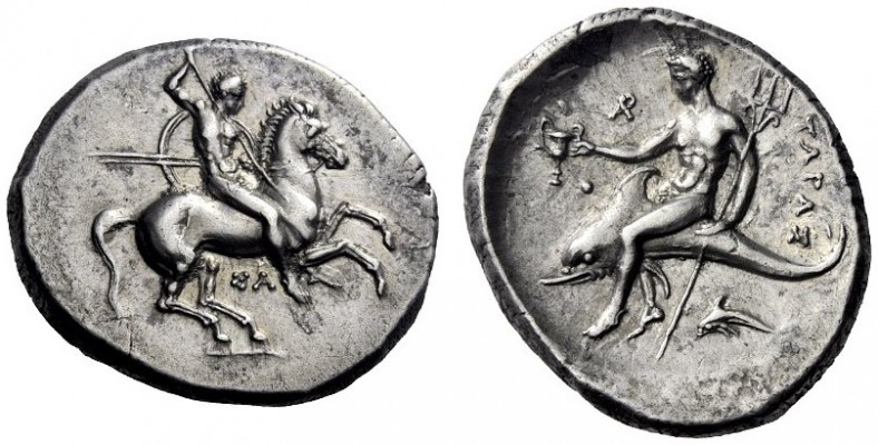 Greek Coins   Calabria, Tarentum  Nomos circa 315-300, AR 7.90 g. Naked ephebus ...