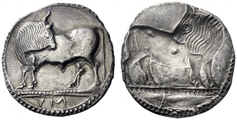 Greek Coins   Sybaris  Nomos circa 550-510, AR 7.83 g. Bull standing l., head re...