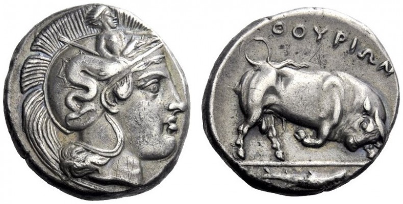 Greek Coins   Thurium  Nomos circa 400-350, AR 7.78 g. Head of Athena r., wearin...