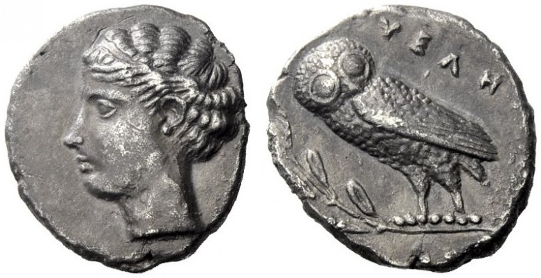 Greek Coins   Velia  Drachm circa 440-425, AR 3.81 g. Head of nymph l., hair bou...